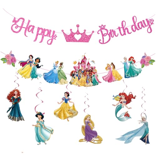 Pink Princess Birthday Banner for Girls Include 1 Glitter Happy Birthday Banner 1 Princess Banner and 6 Hanging Swirls Princess Birthday Party Decorations for Kids Theme Party Decorations Sets (Pink)