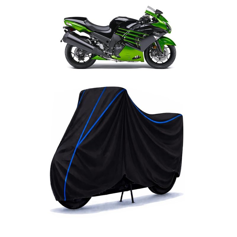 Image of Ninja ZX 14R Bike Cover Water Resistant Universal Motorcycle Rain | Heavy Duty UV Protection, Dust, Scratch Indoor Outdoor All Weather with Black Blue Piping Elastic