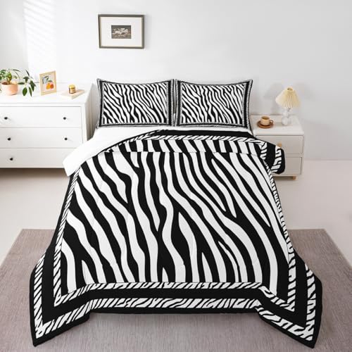 Manfei Zebra Print Comforter Set King Size, Wild Animal Skin Print Bedding Set 3pcs for Kids Boys Girls Bedroom Decor, Black and White Quilt Set Soft Polyester Duvet Set with 2 Pillowcases