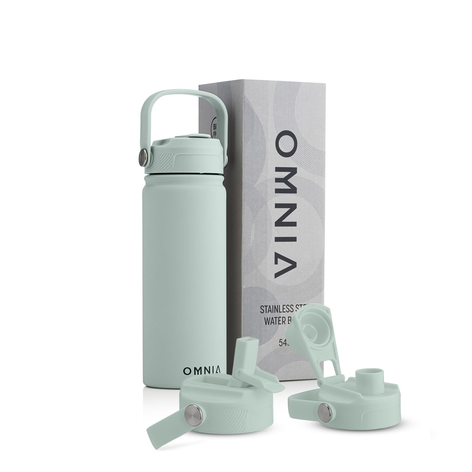 OMNIA NUTRIENTS Vacuum Insulated Stainless Steel Water Bottle, 2 Lids (Straw & Spout) Leakproof, BPA-Free, Reusable Flask Ideal for Travel and Outdoors (Cool Green - 540 ml)