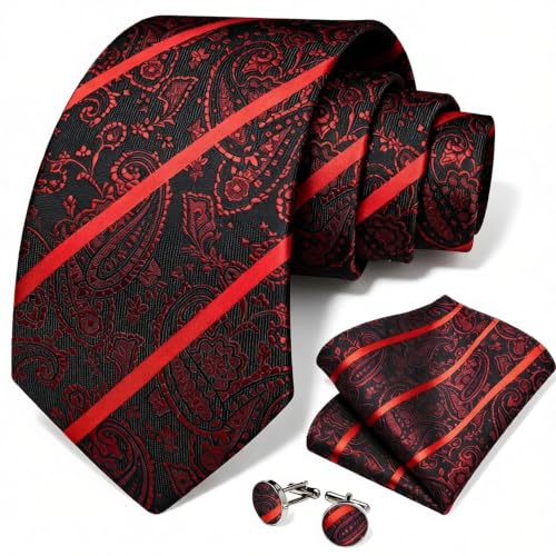 Image of DiBanGu Mens Paisley Tie Set Silk Woven Jacquard Necktie and Pocket Square Cufflinks Gift Set for Wedding Bussiness