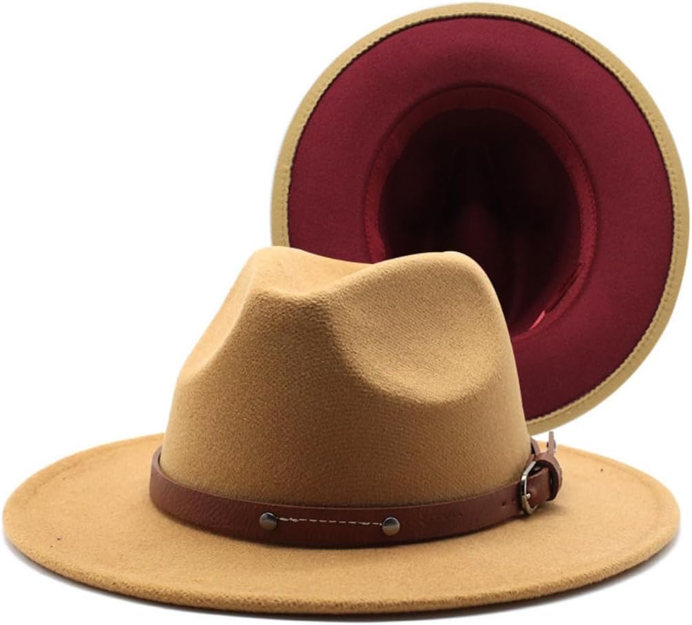 Wide Brim Fedora Hat with Leather Band, Pink and Red, Two-Tone Interior