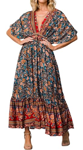 R.Vivimos Women's Summer Boho Floral Print Midi Dress Short Sleeve Deep V Neck Empire Waist Flowy Beach Dress with Pockets