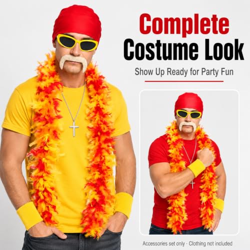 Gocasmus 6PCS Retro Wrestler Costume Accessories Set for Adults, Red Bandana Yellow Sunglasses Feather Boa Fake Mustache Wristbands Cross Necklace for Halloween Cosplay Costume Party - image 2