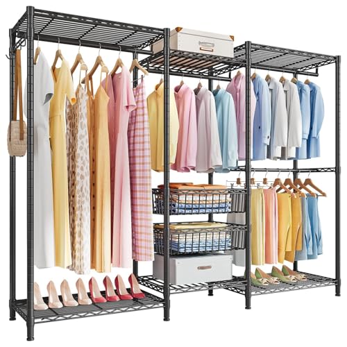 Uptyia Perchero Metálico de 4 Niveles, Riel para Ropa de Alta Resistencia con Estantes, Carga Máxima 500 lbs, Organizador Grande para Ropa, Negro