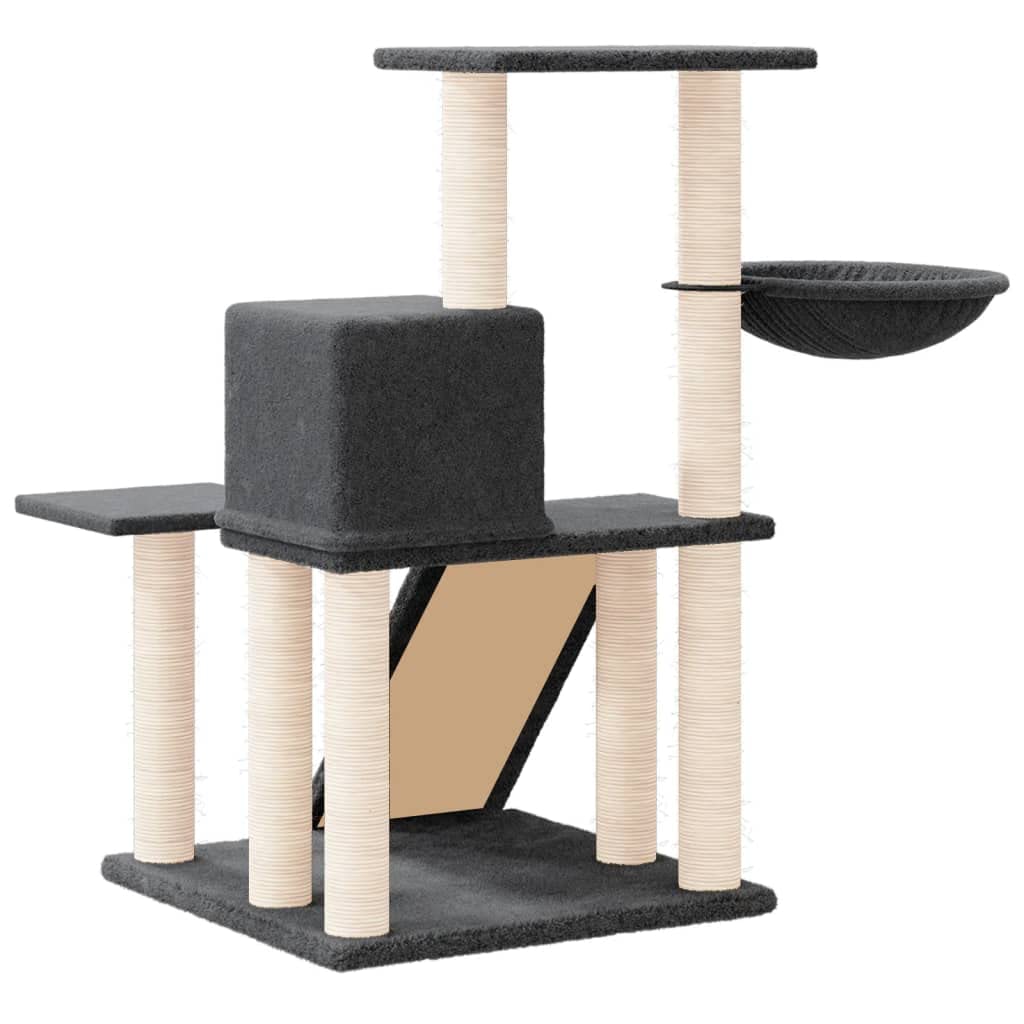Kratzbaum mit Sisal-Kratzsäulen& Hängematte Dunkelgrau 82 cm | Kompakter Katzenturm mit Katzenhöhle undHängematte für das Wohnzimmer, ideal zum Klettern und Ausruhen.