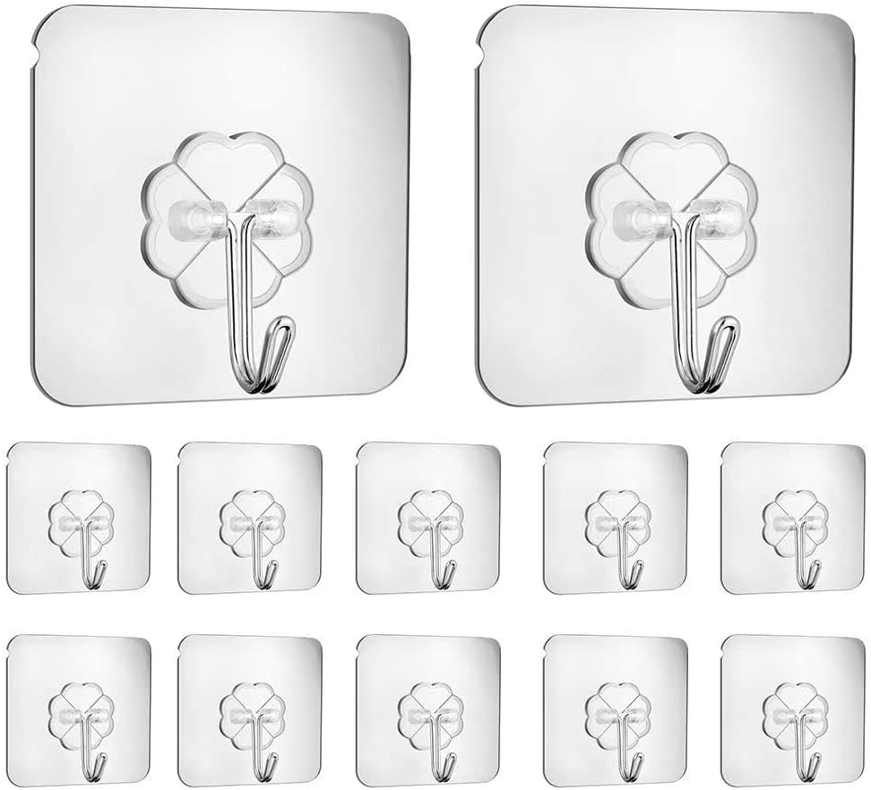 DDUP Adhesive Hooks, Self Adhesive Hooks,Waterproof Self Adhesive Hook Heavy Duty Wall Hooks for Home Kitchen Bathroom Hanging Coat Cloth Towel Key Decorations(12 Pack)
