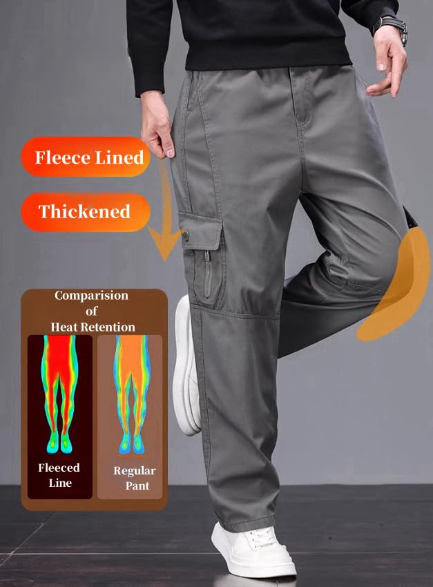 Men's Fleece Lined Cargo Pants Elastic Waist Winter Warm Pants3