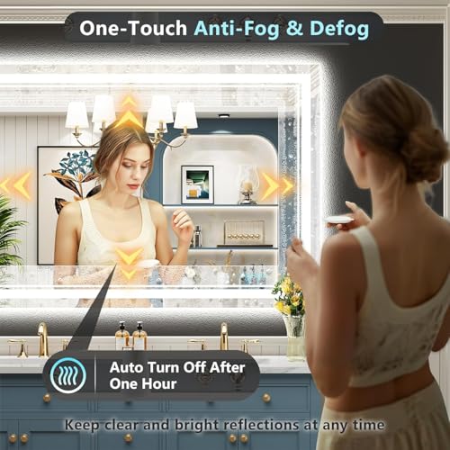 Image of 55x36 LED Bathroom Mirror with Lights, Backlit and Front Lit Anti-Fog Lighted Vanity Mirrors for Bathroom Wall, Dimmable, 3-Color Light, Memory, Shatter-Proof, HD Tempered Glass, CRI>90