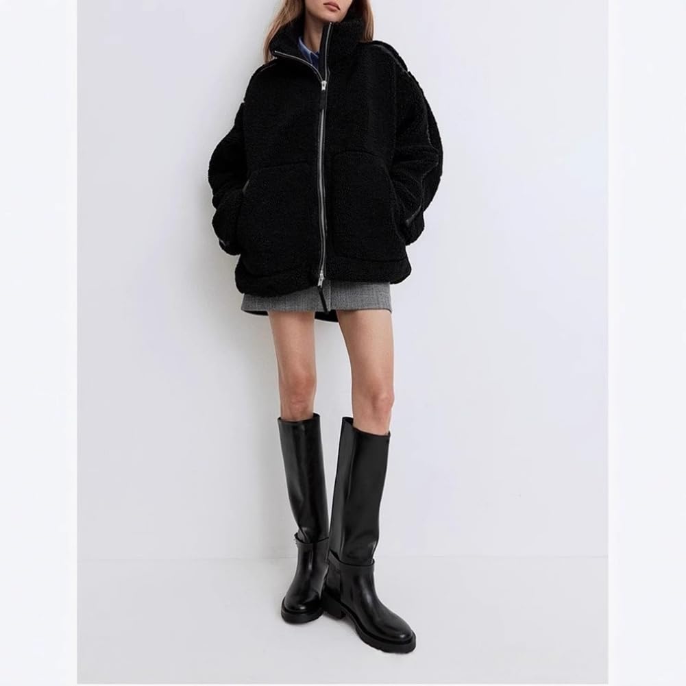 Übergroße Sherpa-Jacke für Damen, mit Reißverschluss, Teddybär-Mantel, 2025, mit Reißverschluss, warm, Stehkragen