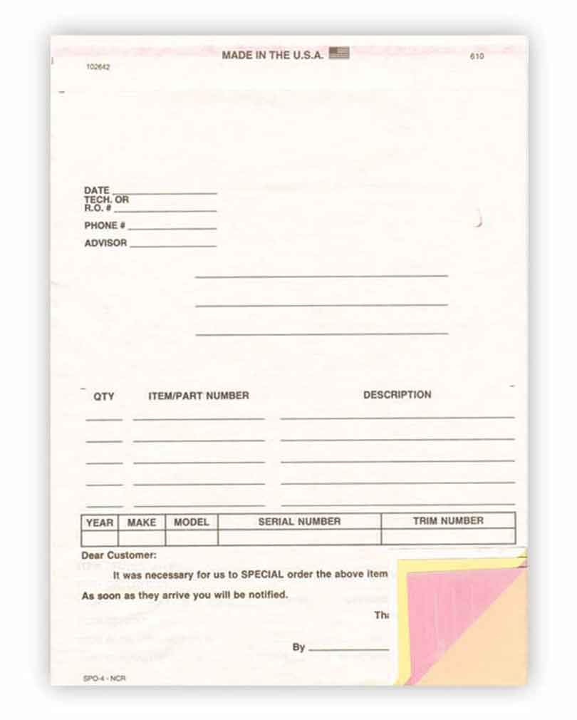 Special Parts Order Form (4-Part carbonless) - 100 Pack