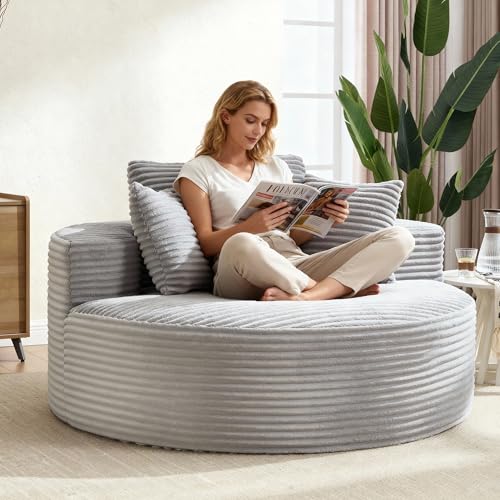 Image of Oversized Round Chair Lounge Chaise Indoor, 55.5 inch Upholstered Corduroy Deep Seat Single Cloud Sofa Chair, Fluffy Modern Large Circle Boneless Sleeper Sofa for Living Room, Bedroom, Grey