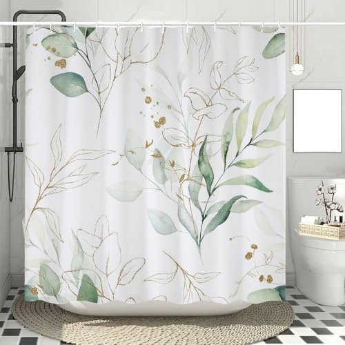 cokomi Sage Green Leaves Shower Curtain, Spring Watercolor Floral Plant Leaf Shower Curtain Set with Hooks, Natural Botanical Bathroom Curtain 71x71 Inch Polyester Fabric Waterproof