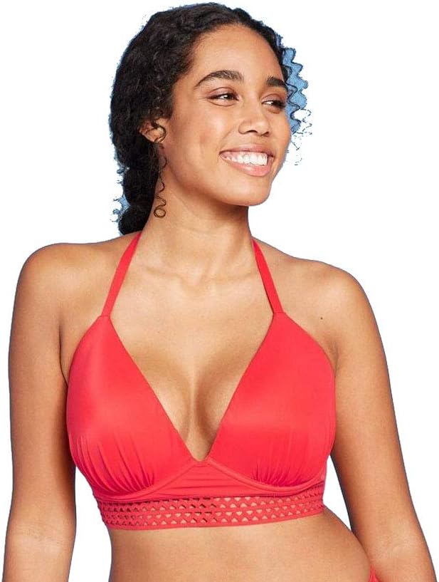 Shade & Shore Women's Light Lift Long line Elastic Tim Triangle Bikini Top (Red)