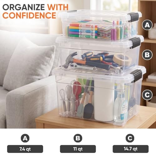 Image of Superio 11 Quart Clear Plastic Storage Boxes with Lids, Stackable Organizer Containers, BPA-Free Storage Bins for Home, Office, School & Dorm, 3 Pack