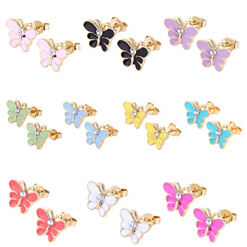 10 Pairs Small Cute Simple Post Stud Earrings Set for Girls Kids Gold Tone Mix and Match (Butterfly)