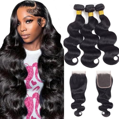 Image of 16A Body Wave Bundles with Closure Human Hair (24 26 28+22 inch) 100% Unprocessed Brazilian Virgin Human Hair Bundles with 4x4 Lace Closure Free Part Natural Color