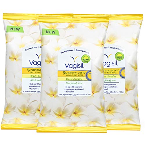 Vagisil Scentsitive Scents Daily Feminine Vaginal Wipes for Women, White Jasmine, 30 Wipes