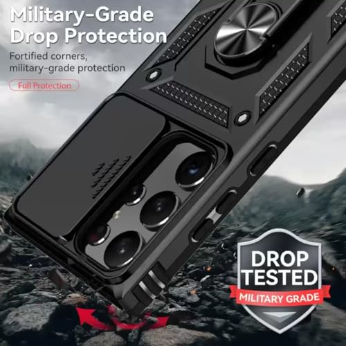 Image of Scalebee Rugged Back Cover for Samsung Galaxy S24 Ultra 5G Heavy Duty Armor Slide Camera Cover Built-in Rotated Ring Kickstand (Black)