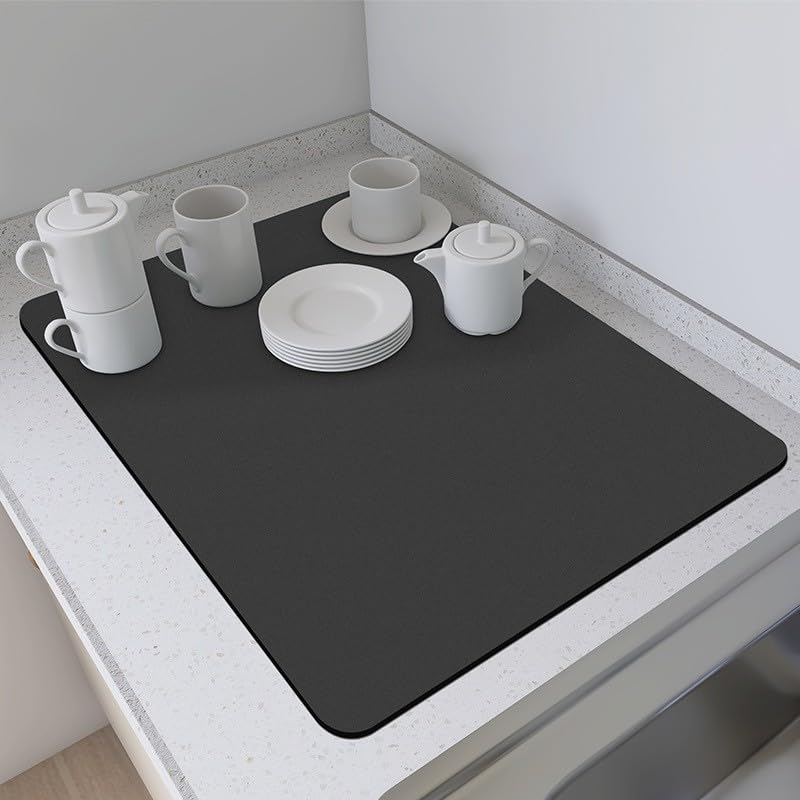 Dish Drying Mat 2416 inches Non-Slip Coffee Mat Quick-Drain Mat Easy Storage No-Trace Design Durable Suitable for Kitchen and Living Room (Black)