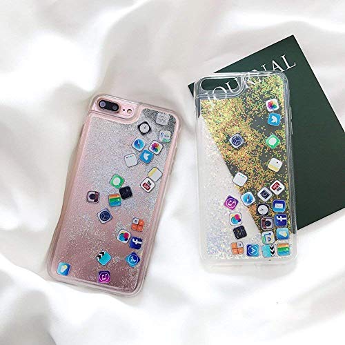 Unnfiko Liquid Glitter Case For Iphone 7, Hard Back Colorful Bling Quicksand With Ios Icon Apple App Shine Phone Case For Iphone 8(Gold Glitter, Iphone 7/8) #TOP4