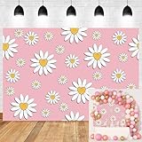 Daisy Flower Yellow Heart Backdrop for Photography 5x3ft Cartoon White Floral Pink Photo Background Baby Shower Princess Birthday Party Decor Cake Table Girls Portrait Photoshoot Studio Props Vinyl