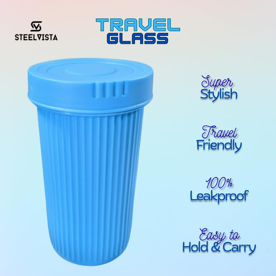 Image of Travel Glass with Airtight Silicone Lid | Double Walled Unbreakable Leakproof | Ideal for Home, Office & Travel (Blue)