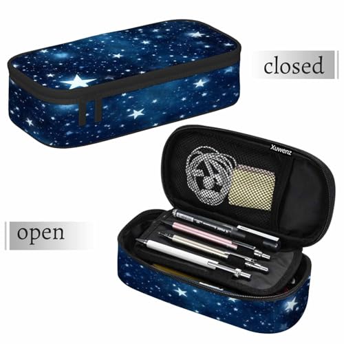 Image of Blue Stars Pencil Case Organizer Shiny Bright Universe Light Christmas Stationery Box Makeup Box School Supply for Boy Girl Men Women