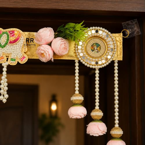 Image of Shree Nathji Door Toran|Decorative Banderwal for Main Door|Premium Beaded Wall Hanging with Elephant Motif & Pearl Latkans|Festive Home Decor for Diwali,Pooja,Wedding & Housewarming|38 Inch