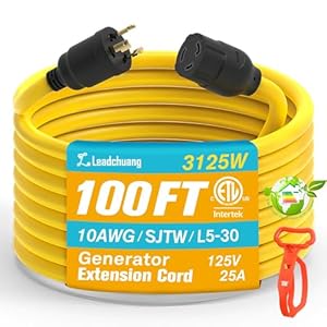 Leadchuang 30 AMP Generator Cord 100 FT, 10AWG Generator Extension Cord 3 Prong with L5-30P/L5-30R, 125V/30A/3750W Generator Power Cord SJTW Extension Cord Featuring L-M-E Certified Top-Grade Copper