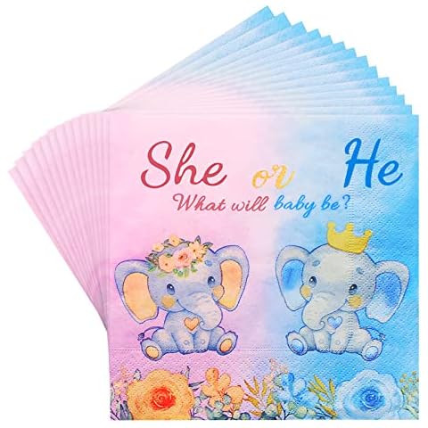 infolody Gender Reveal Servietten 40Stück, Tischdeko Babyparty Boy or Girl Papierserviette mit Blau Rosa Elefant Einweg Napkins Dekorationen für Baby Gender Babyparty Babyshower Tisch Deko Cover