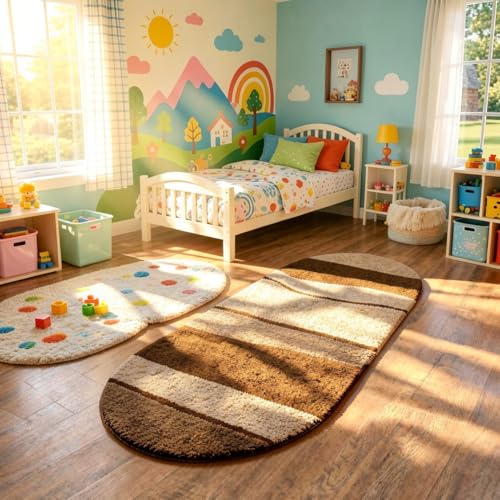 Image of Vasrug Luxury Soft Shaggy Bedside Ovel Rug - Geometric Design | Plush High-Pile Bedroom Carpet, Pack of 1 Pic, 1.5x4 Feet, (AA17)