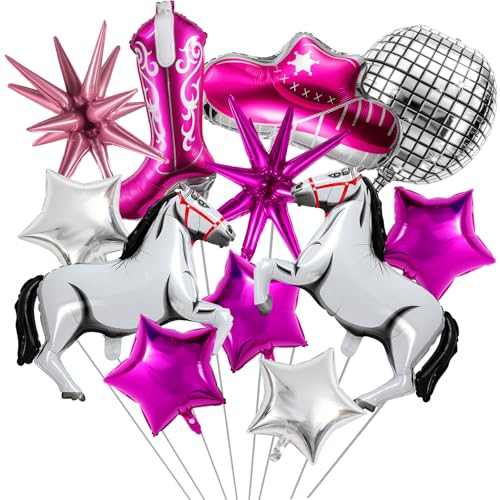Image of VioraWhite 12 Pcs Cowgirl Balloons Pink Pony Themed Decoration Horse Disco Exploding Star Ball Hat Boots Balloons for Nash Bash Western Cowgirl Retro Last Bachelorette Party Decorations