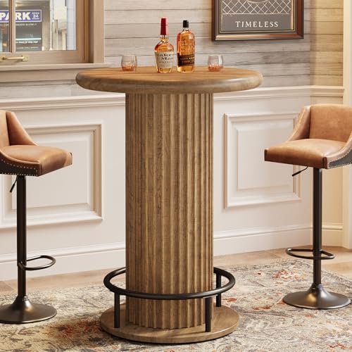 Tribesigns Round Bar Table, Fluted Wooden Bistro Cocktail Table with