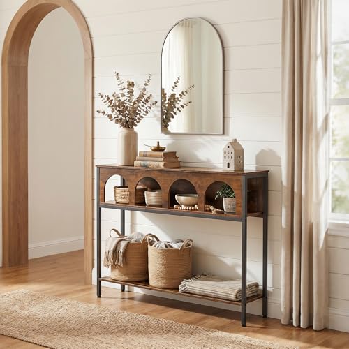 Image of HOOBRO Narrow Console Table, Entryway Table with 3-Tier Storage, Sofa Table, Behind Couch Table with Arched Design for Living Room, Entrance, Hallway, Rustic Brown and Black BF106XG01
