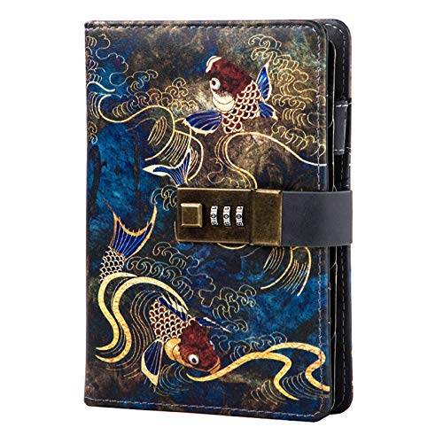 CAGIE Diary With Lock A6 Locking Diary Locking Journal for Adults PU Leather Binder 6 Rings Refillable Paper,6.9in x 4in,Fish