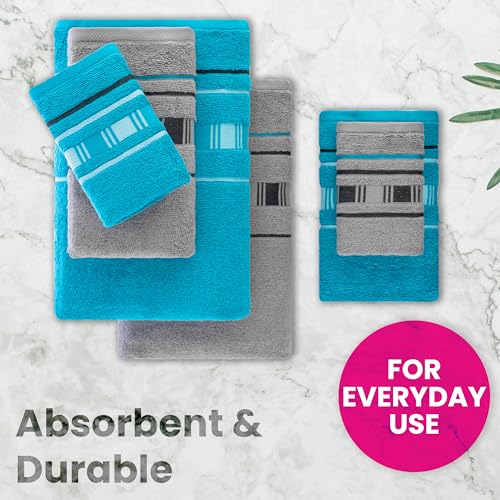 Image of Casa Copenhagen, Germany Design - X Line Super Soft Collection 100% Cotton 6 Piece Towel Set, Includes 2 Bath Towels 2 Hand Towels 2 Washcloths - Grey & Teal