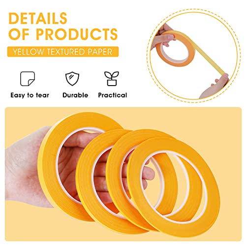 ASTER 4 Rollen Fijne Lijn Tape, Fineline Afplaktape 1/16, 1/8, 1/4 en 1/2 Inch Breed x 52 Yard, Schilders Gele Afplakband voor Doe-het-zelf en Auto Verf Kunst - Afbeelding 4