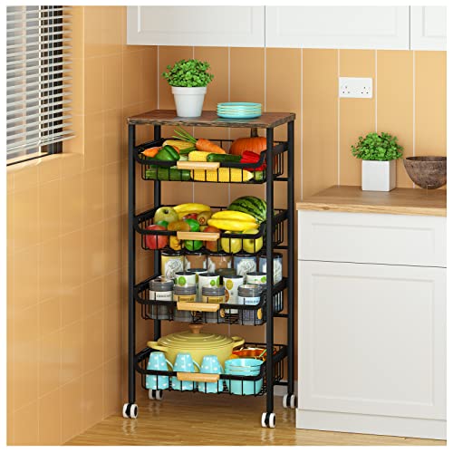 5-Tier Rolling Storage Cart With Wheels, Large Capacity Kitchen Rolling Storage Cart, Mobile Utility Cart With Wooden Tabletop And Mesh Baskets, Rolling Cart For Kitchen, Bathroom, Laundry Room #TOP7