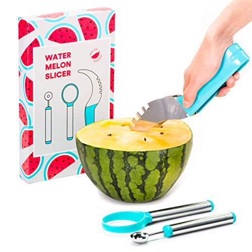 MelonMaster Watermelon Stainless Steel Slicer Tongs/Cutter/Knife Set - Reinforced Cutting Wire - No More Mess - Soft Grip Handles, BONUS Free Melon Baller