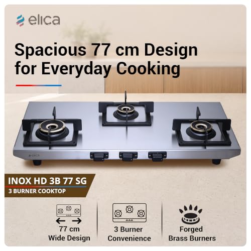 Image of Elica 3 Burner 2mm Stainless Steel Gas Stove | INOX HD 3B 77 SG | 77cm Wide Layout, Forged Brass Burners - 1 Jumbo 1 Medium & 1 Small Burner, Square Grid Pan Support, 2 Yr Warranty