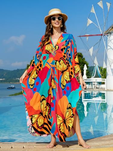 Image of IMAGEKOPE Women's Plus Size Animal Print V-Neck Batwing Kaftan Beach Dress Bathing Suit Cover-Up Loungewear