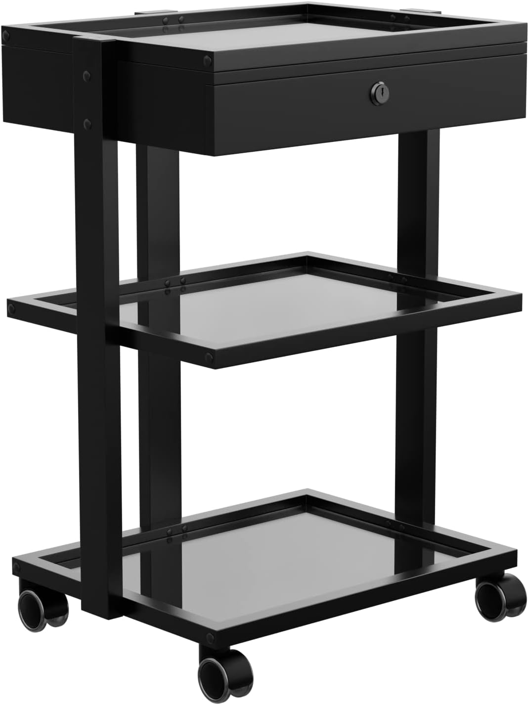 Spa Numa ABEL Deluxe Beauty Trolley in Black with 3 Tier Glass Shelves, Locking Drawer, and Caster Wheels - Convenient and Organized Storage Solution for Beauty Tools and Instruments 1040A-Black