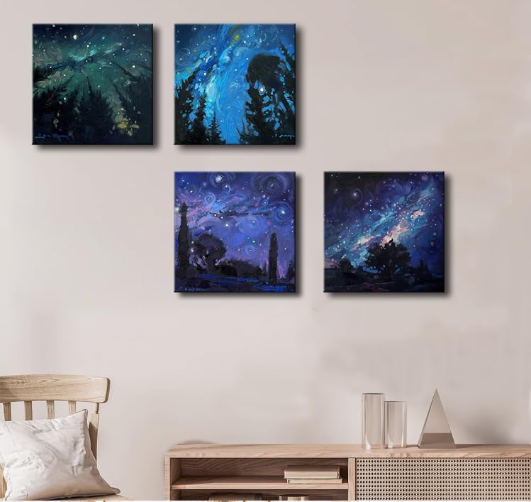 Image of Blue Starry Night Canvas Wall Art Forest Tree Paintings Decor Abstract Nature Landscape Artwork Poster Prints Colorful Space Northern Lights Pictures Decoration for Bedroom Living Room Bathroom Office