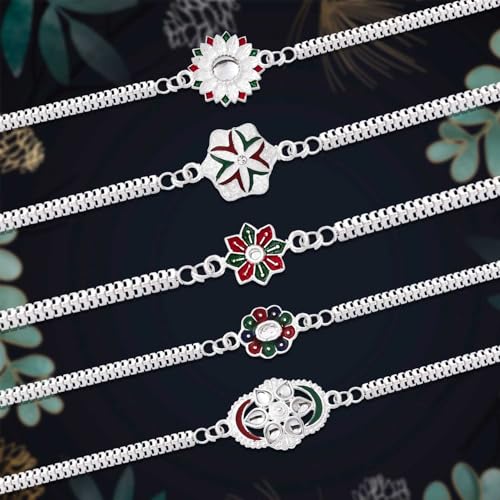 Image of Oblivion Mixed Style Meena Rakhi Combo for Brother with Chocolate, Silver Colour Pooja Coin, Tilak Set and Greeting Card for Raksha Bandhan