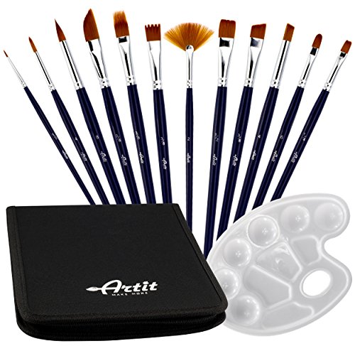 Artit Paint Brush Set - 12 Piece Nylon Brushes for Acrylic, Watercolor, Oil, Nail and Face Painting, All-in-1 Bundle Includes Portable Case and White Palette - Long Handle and Easy to Clean