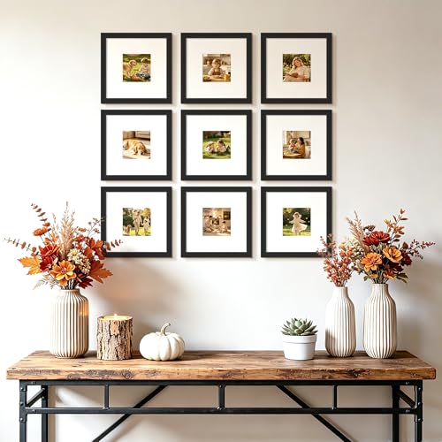 Image of upsimples 8x8 Picture Frame Set of 5, Display Pictures 4x4 with Mat or 8x8 Without, Wall Gallery Poster Frames, Black