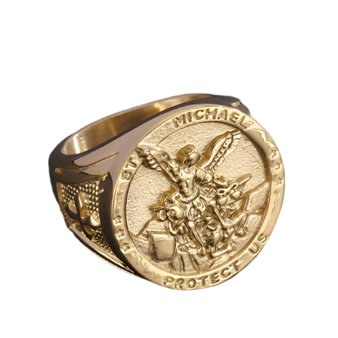 Anillo de ángel con cruz de arcángel para hombre, anillo de arcángel, anillo de oro, joyería de ángel católico vintage para hombre