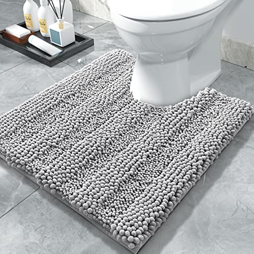 Yimobra U Shaped Toilet Bath Rug, Luxury Chenille Contour Mat For Bathroom, Soft Comfortable Shaggy Commode Rug, Water Absorption, Non-Slip, Extra Thick, Machine Wash, 24.4 X 20 Inch, Light Grey #TOP13