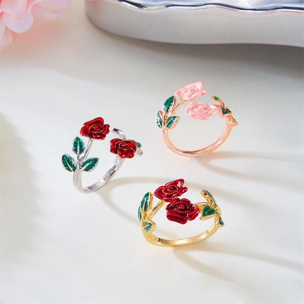 OIDIMS Dainty Red Rose Flower Wedding Stacking Rings for Women Promise Love Engagement Delicate Open Adjustable Flowers Leaf Wrap Finger Band Ring Elegant Cocktail Party Valentine Statement Jewelry - Image 4